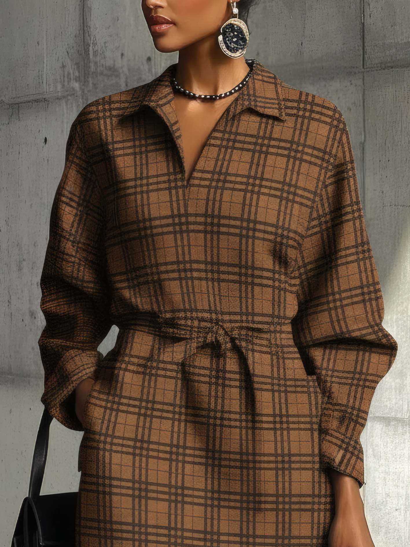 Brown Faux Suede Mini Dress With Plaid