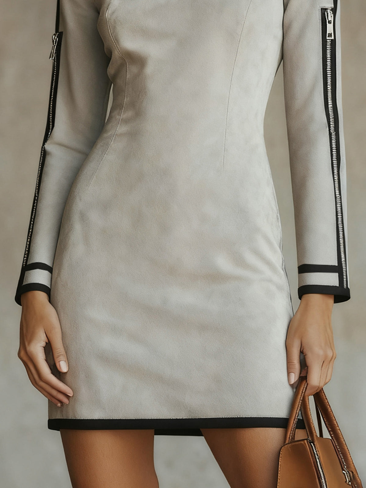 Gray Faux Suede Mock Neck Mini Dress With Zip Sleeve Detail