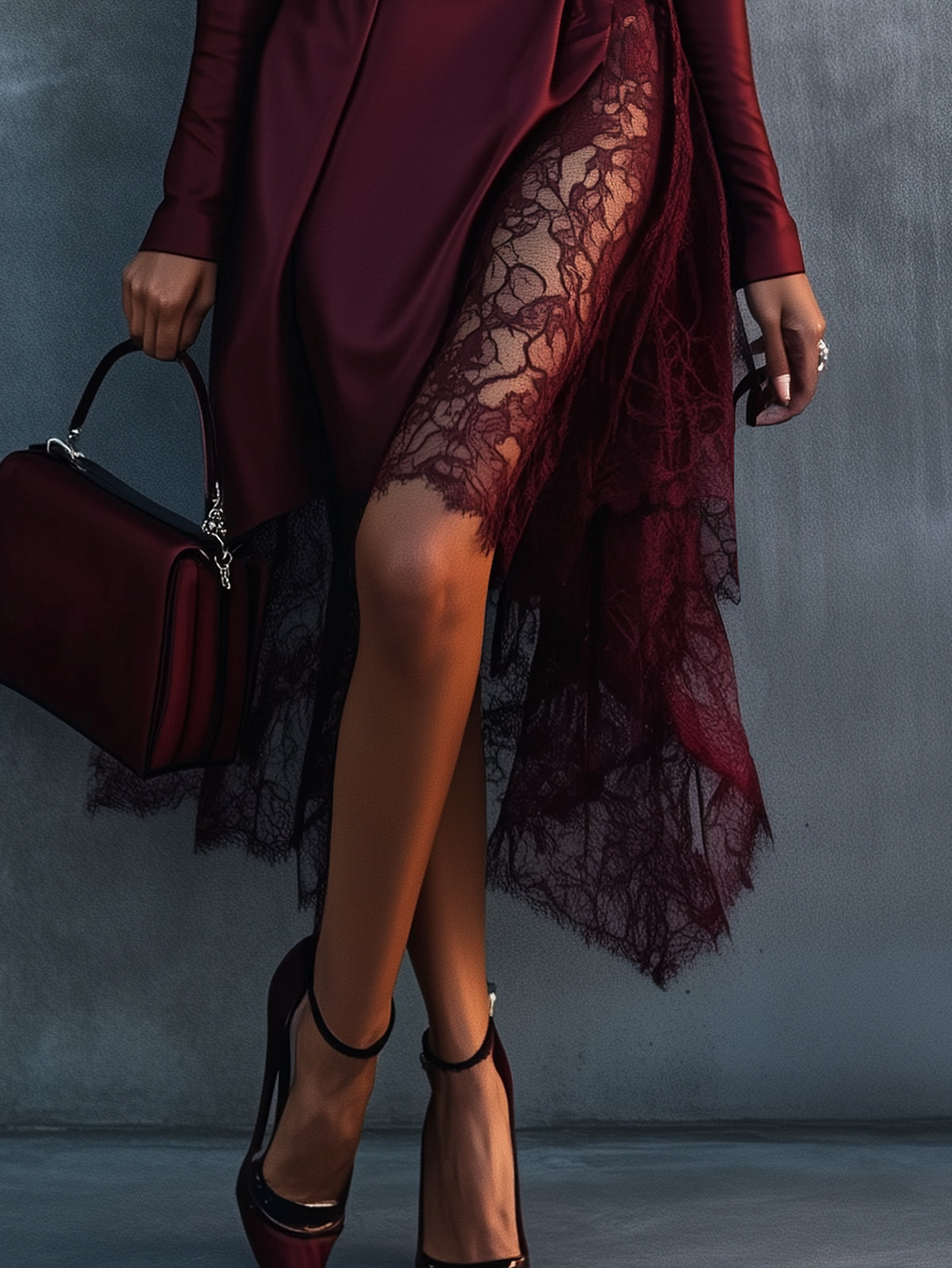 Red Lace Panel Asymmetrical V-Neck Long-Sleeved Midi Dress