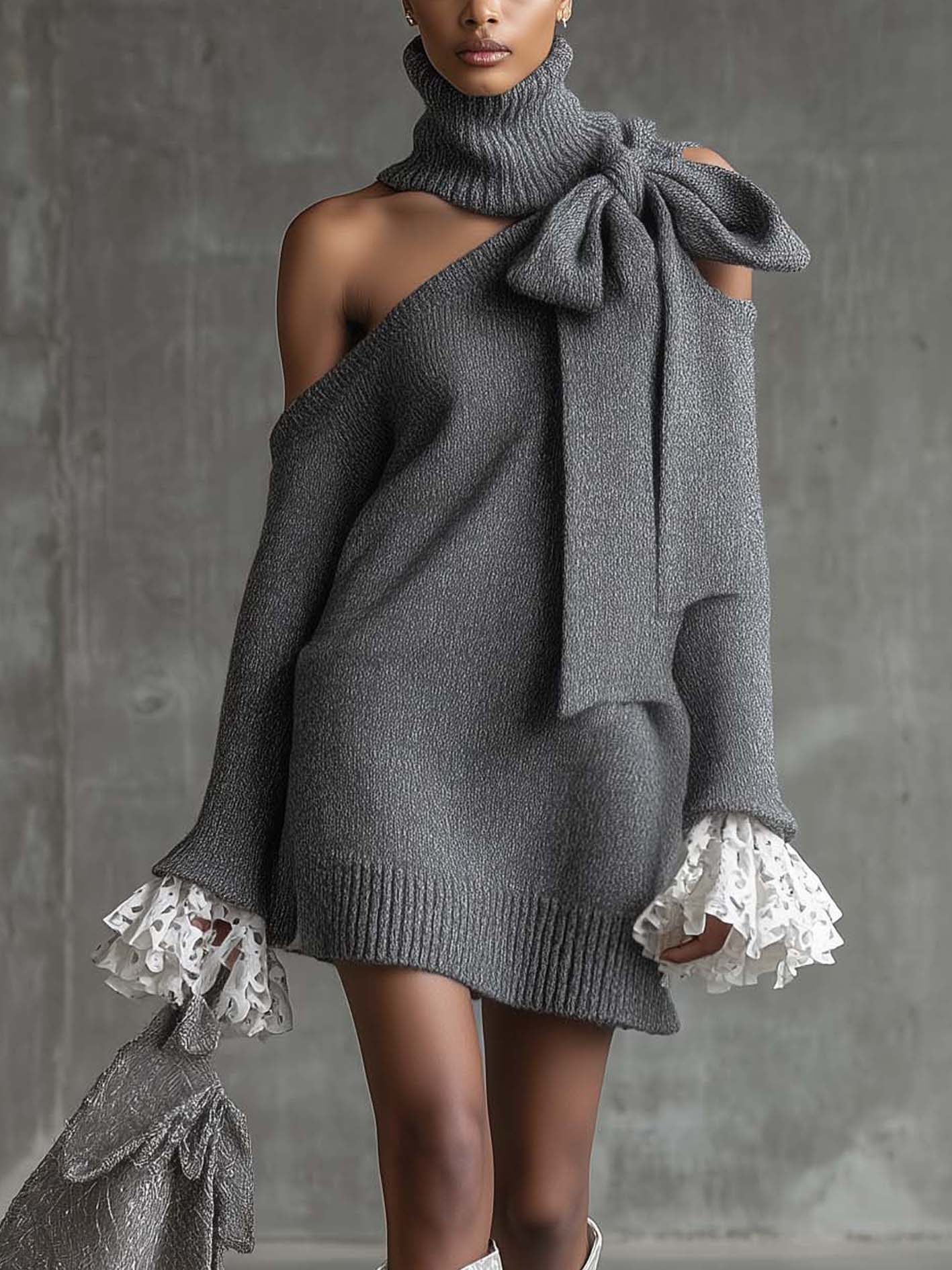 Gray Cold Shoulder Knit Mini Dress With Lace Patchwork And Bow Detail