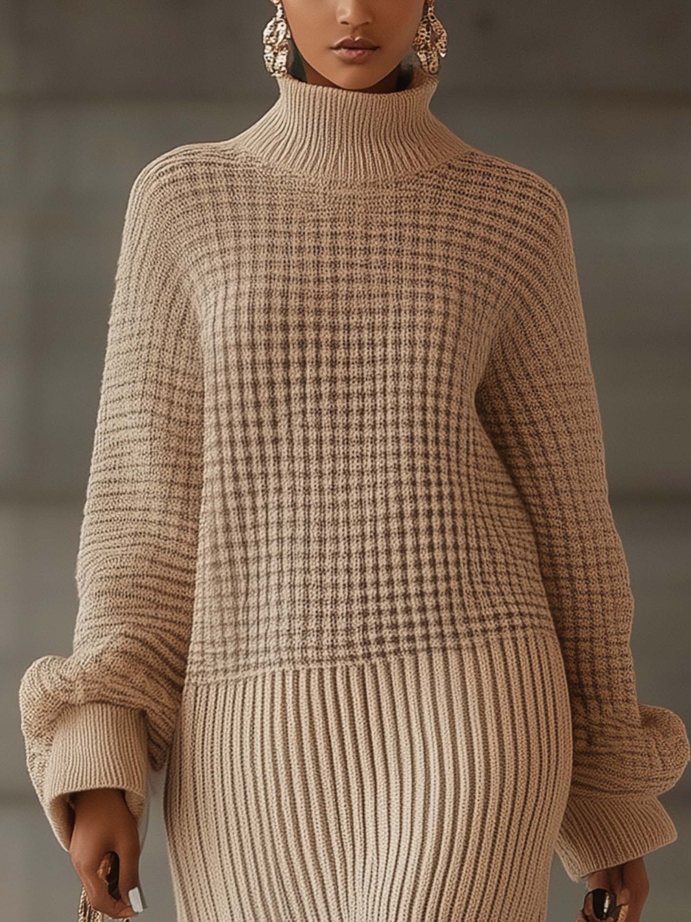 Beige Knitted Turtleneck Mini Dress With Textured Stitching