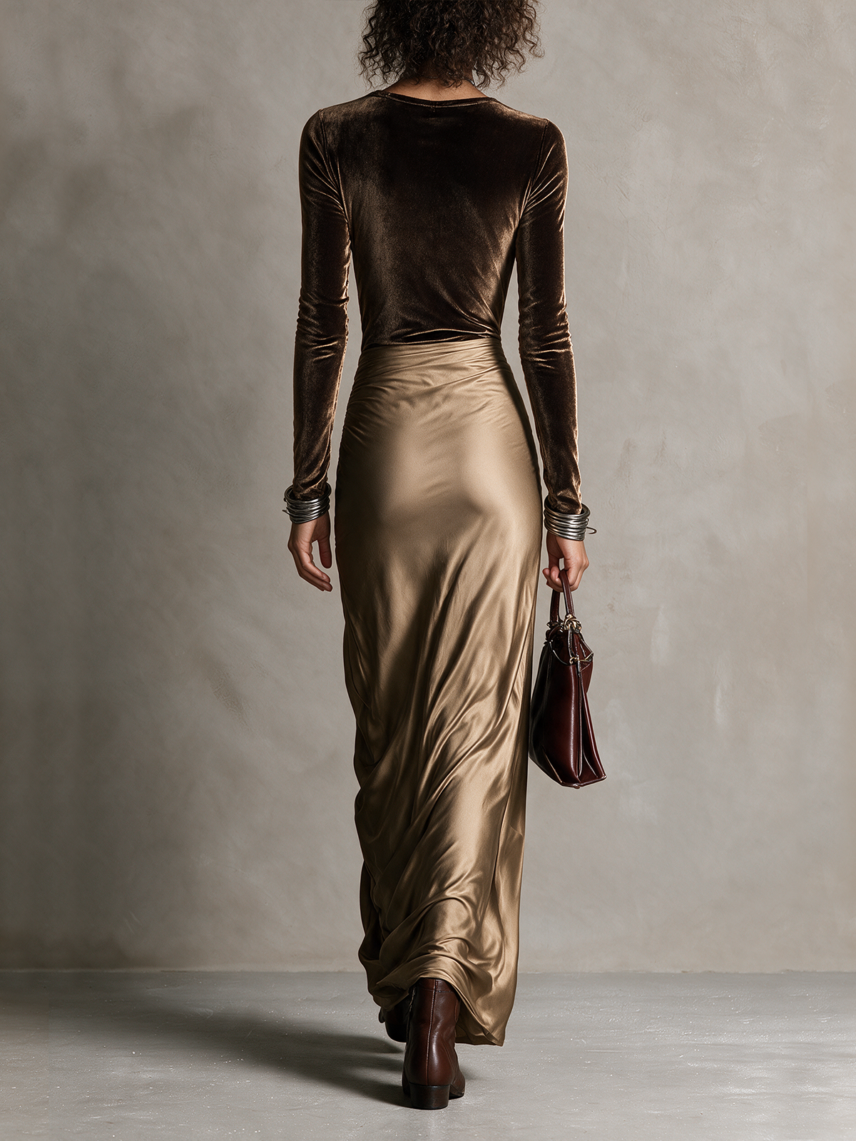Two‑Tone Velvet Satin Mix Side Slit Maxi Dress
