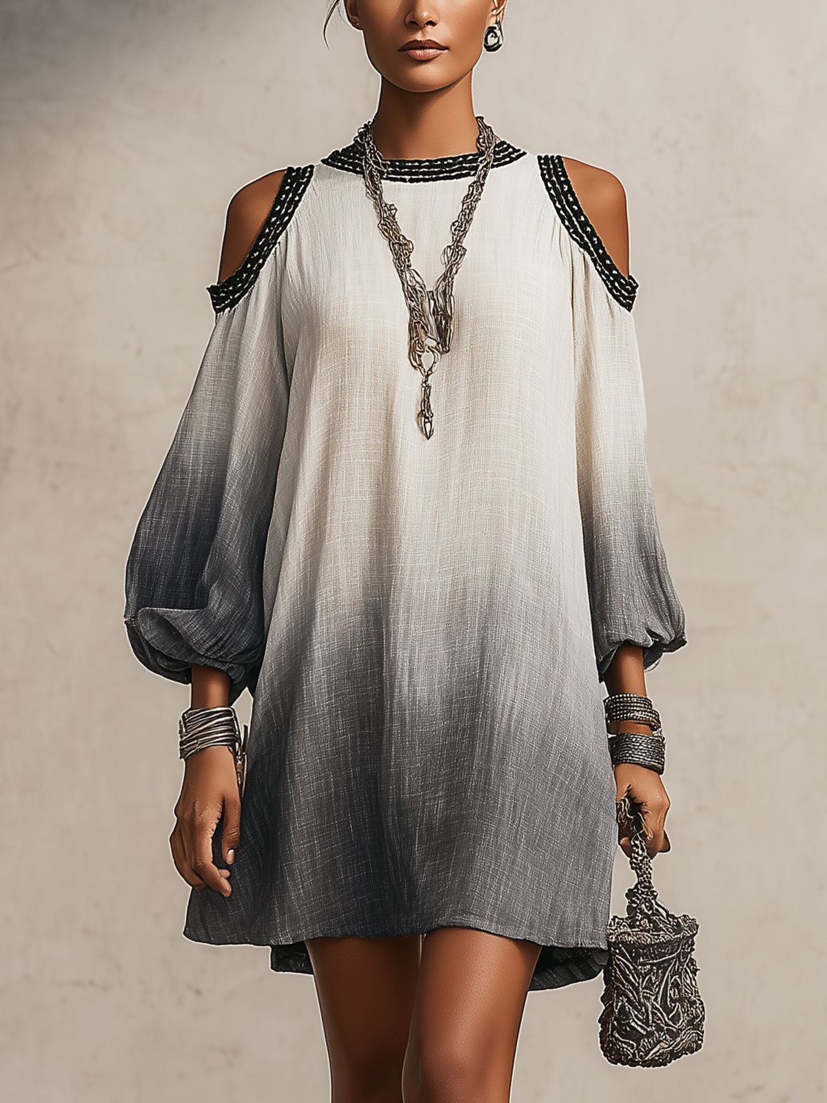 Ombre Cold Shoulder Balloon Sleeve Mini Dress