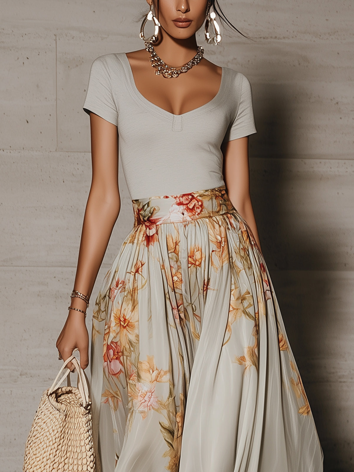Gray Floral High-Waist Pleated Maxi Skirt & Fitted Scoop Neck Top Set