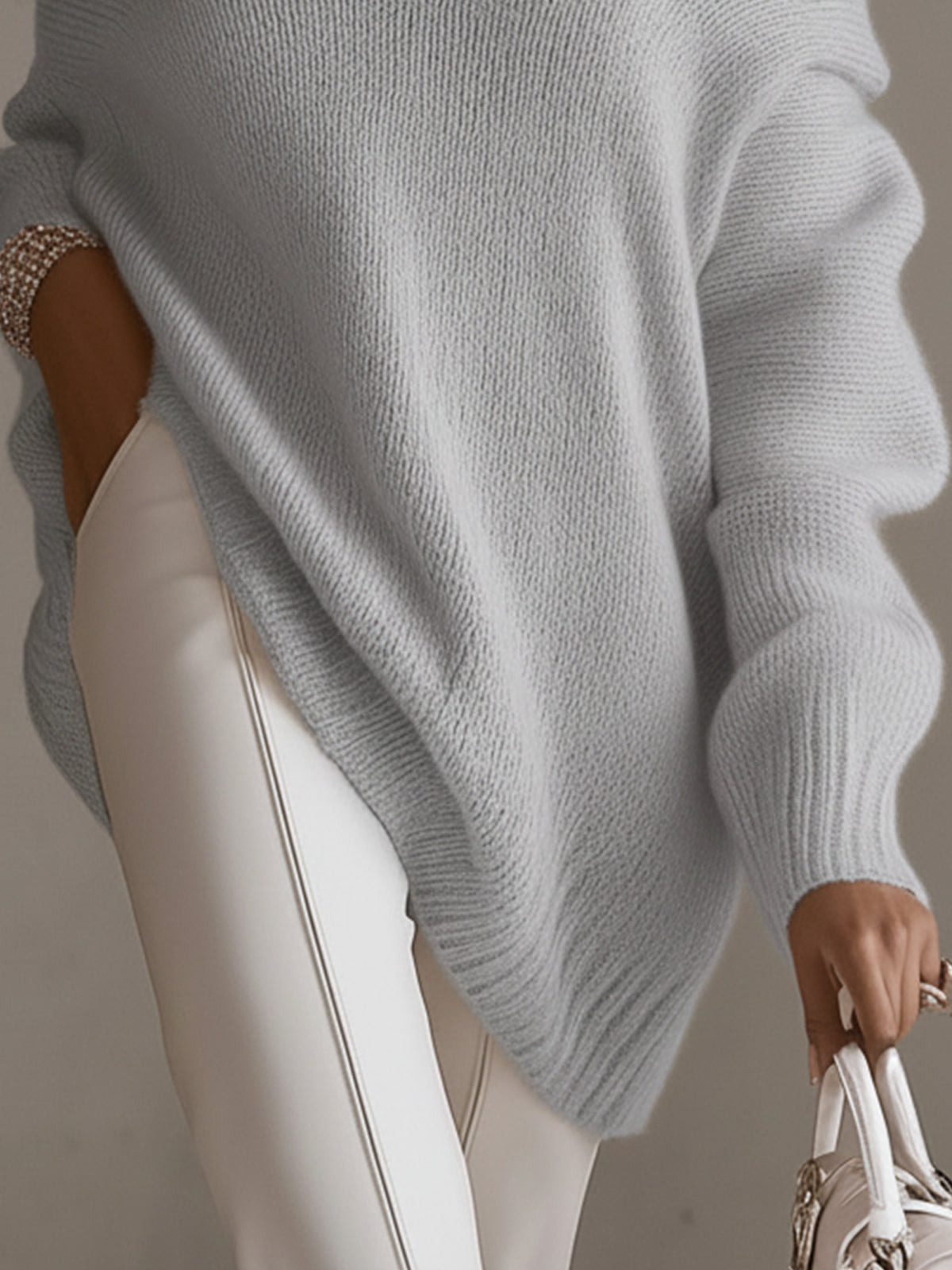 Gray Sweater With Sheer Lace Neckline And Relaxed Silhouette