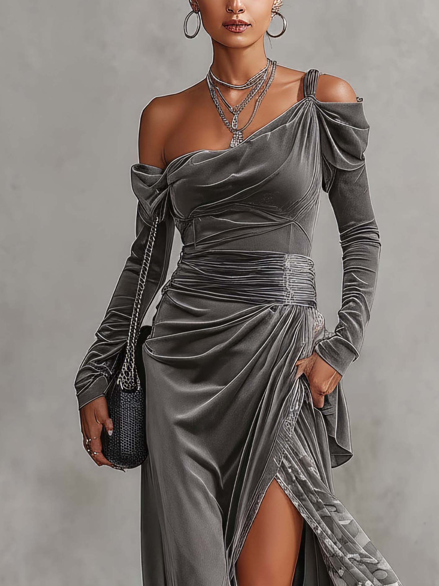 Gray Velvet Off Shoulder Maxi Dress With Camouflage Chiffon