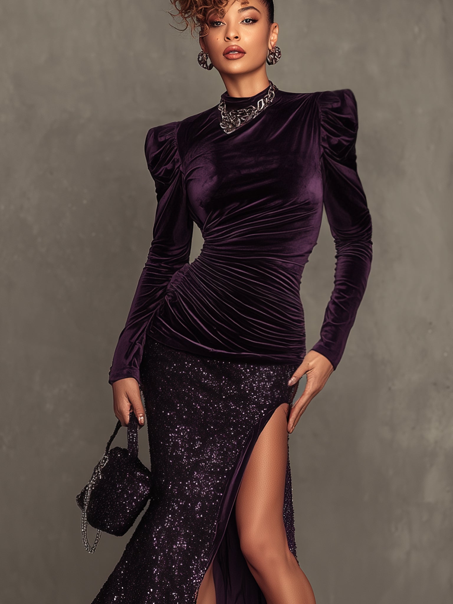 Purple Velvet Sequined High Slit Long Sleeve Maxi Dress