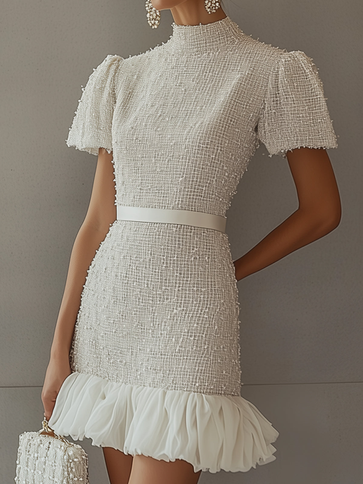 Ivory Textured Tweed Mini Dress With Ruffled Hem