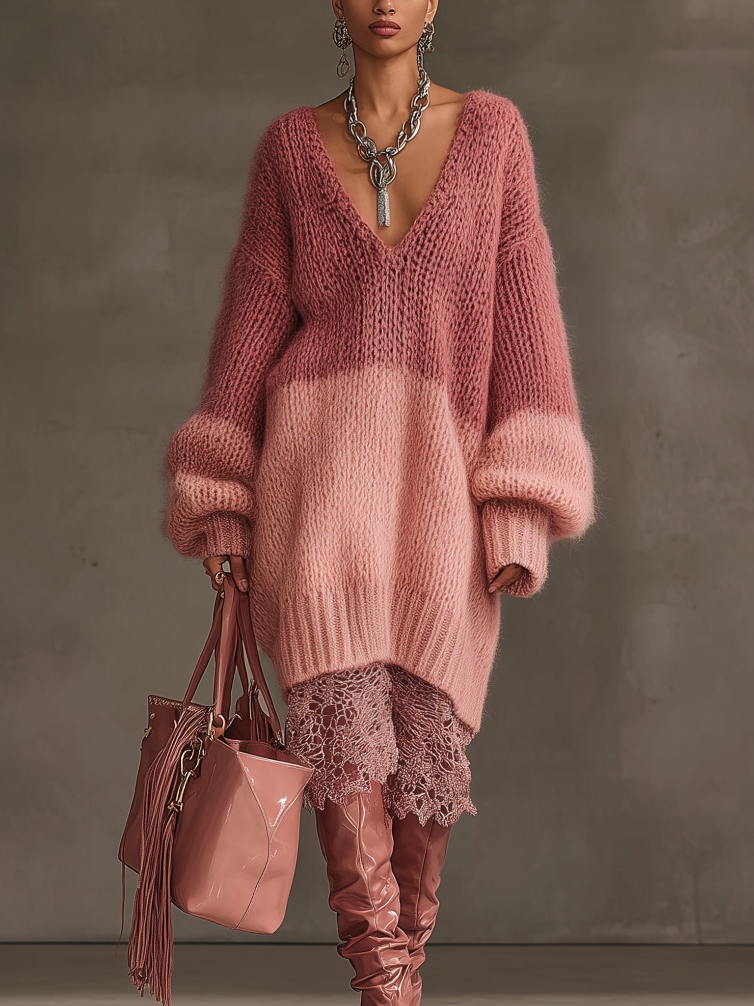 Pink Gradient Knit Long Sleeve Midi Dress With Lace Hem