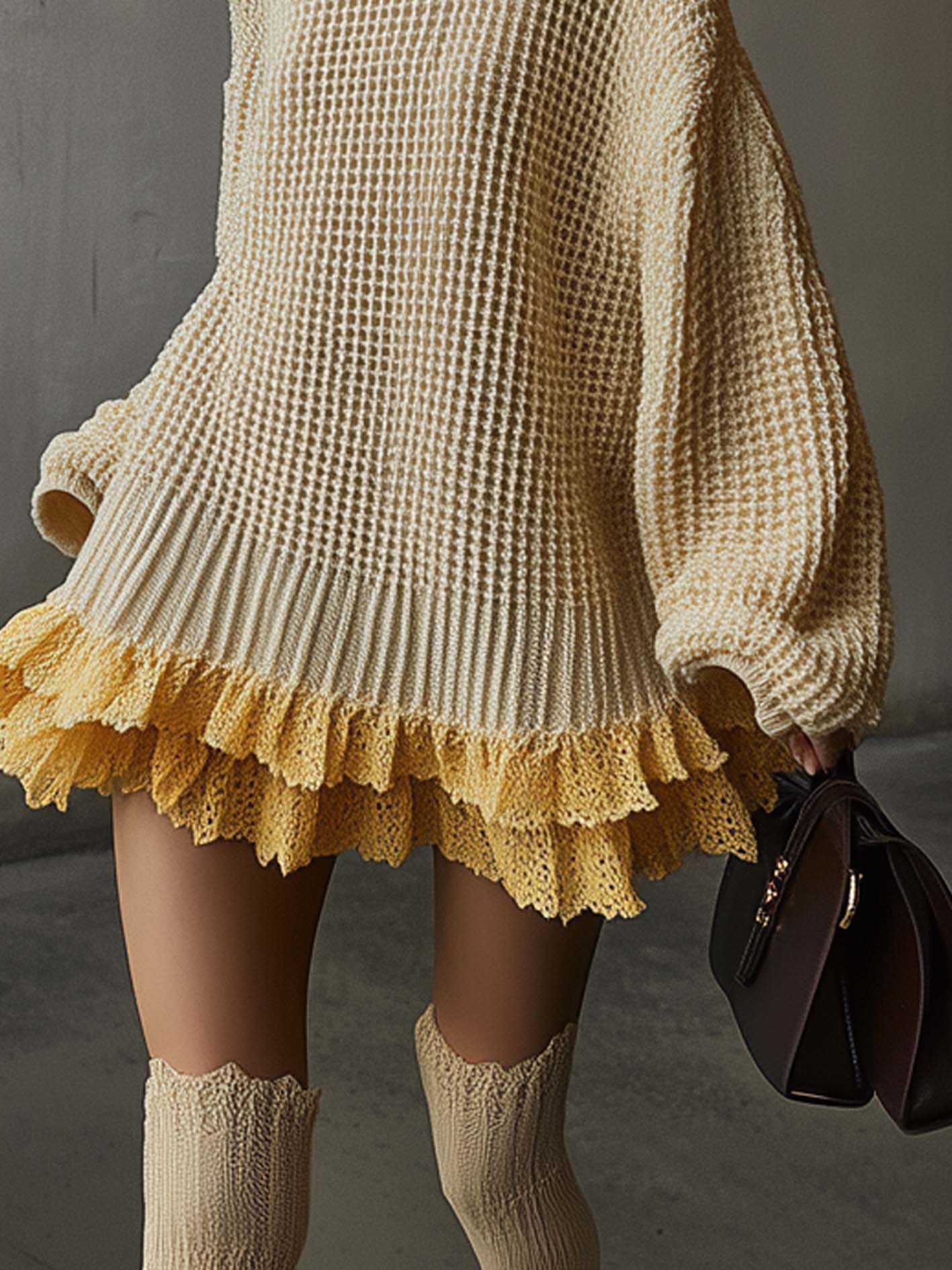 Beige Knitted Mini Dress With Yellow Lace Trim