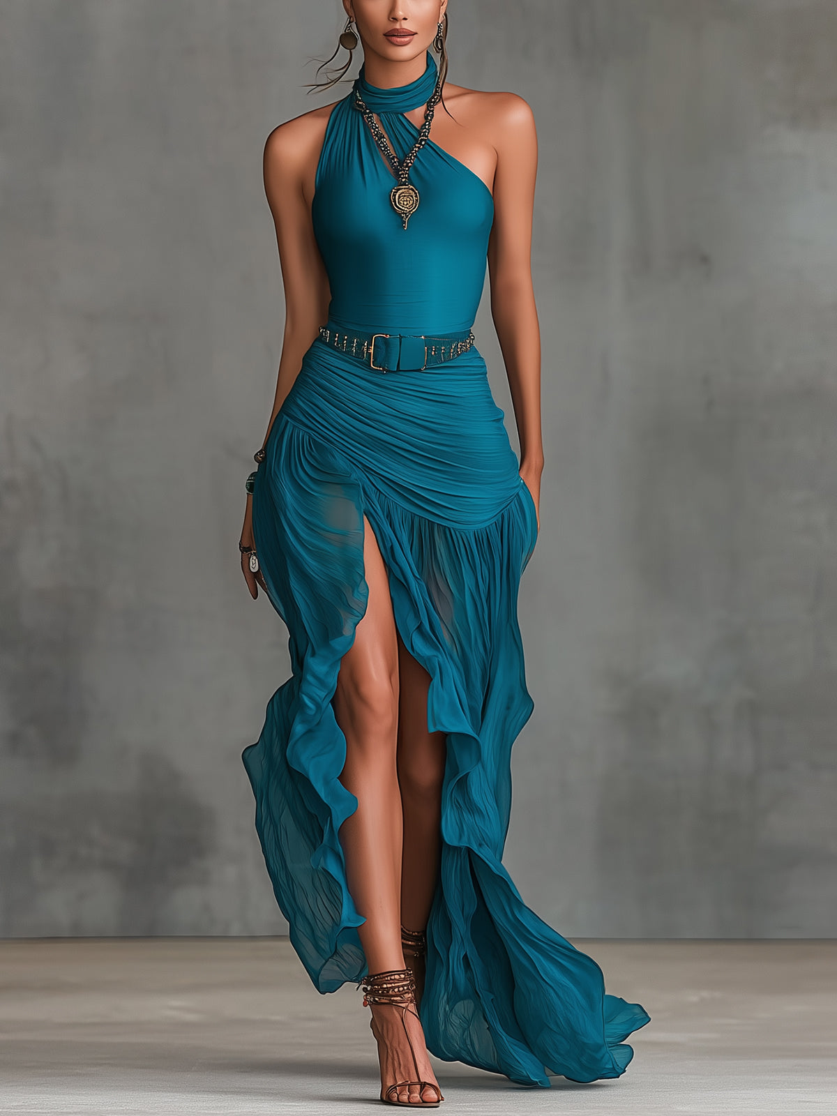 Blue One-Shoulder Pleated Chiffon High-Slit Maxi Dress