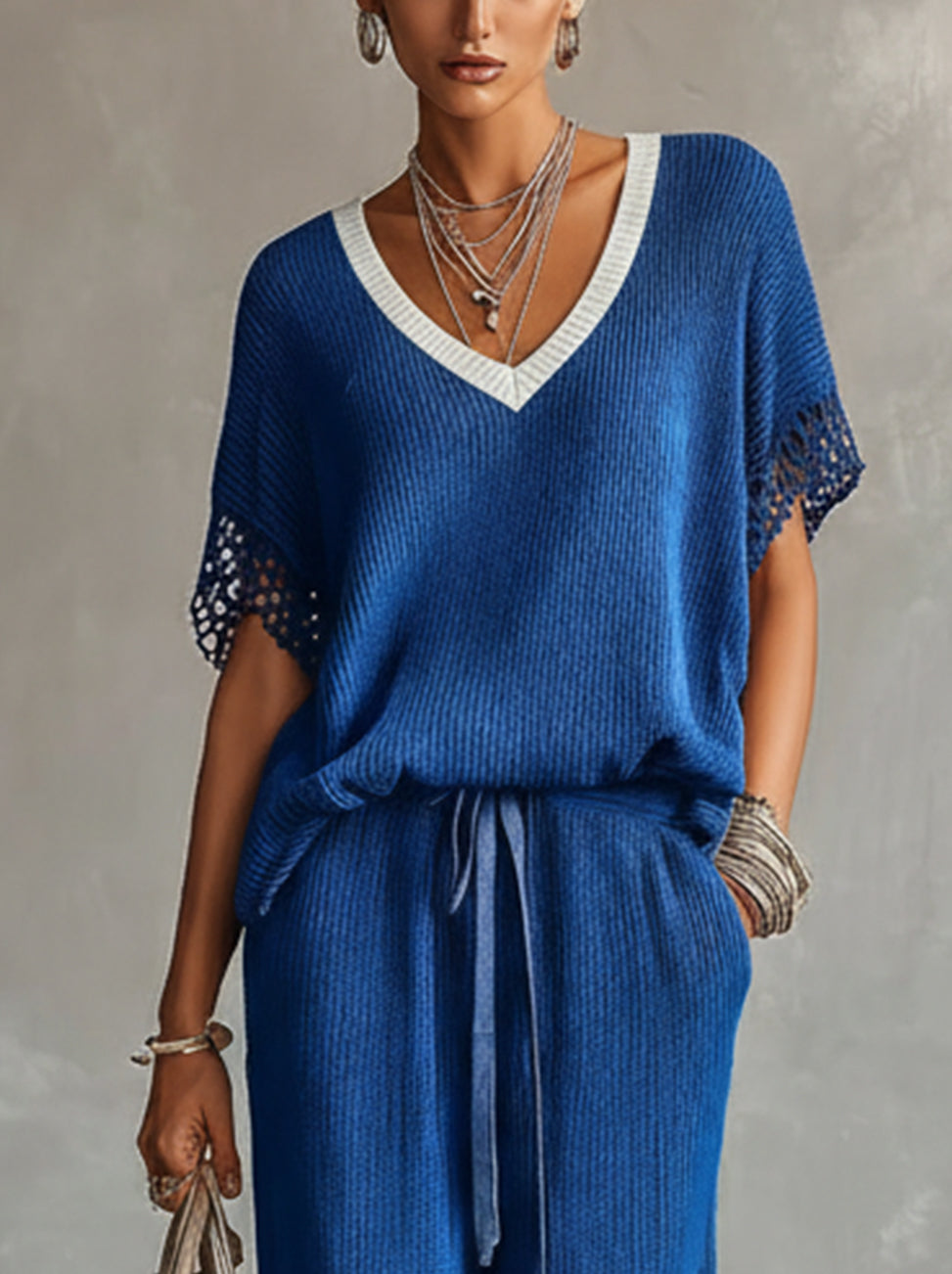 Blue Knit Lounge Set With Crochet Sleeve Detail