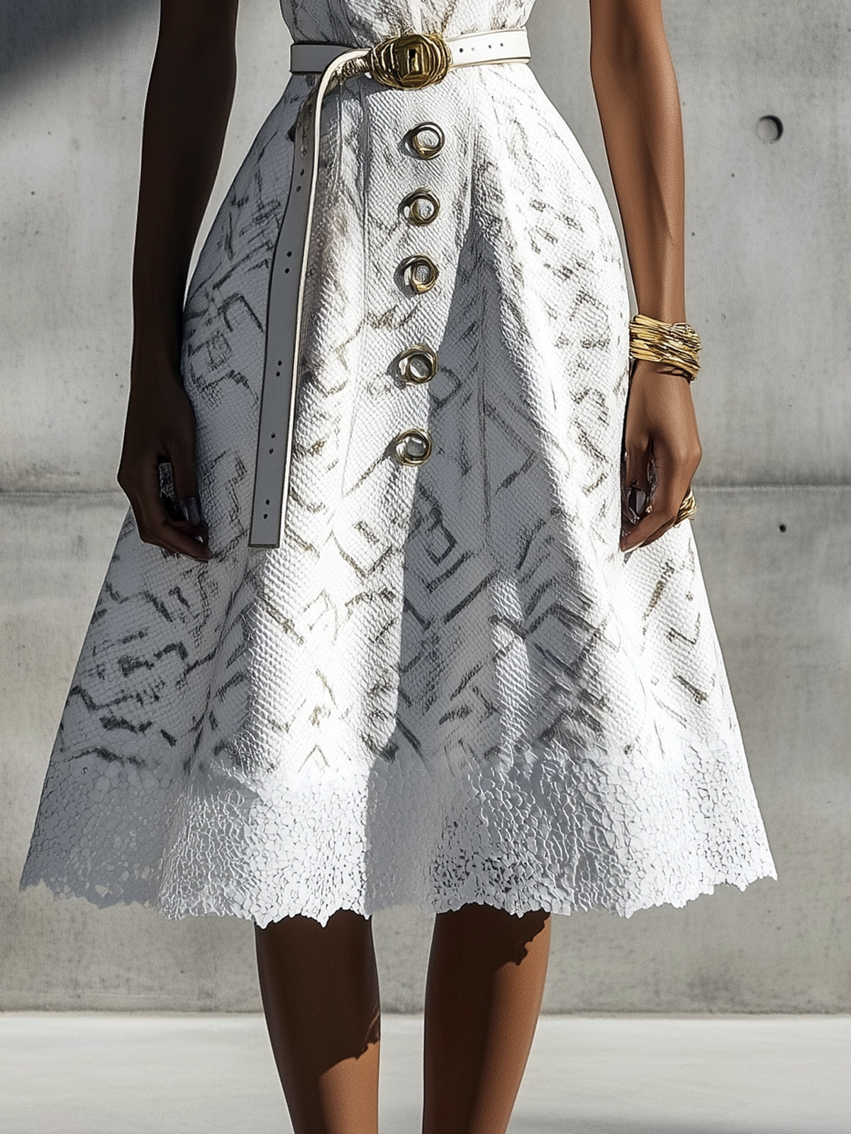 White Snakeskin Print V-Neck Sleeveless Midi Dress With Metal Buckles