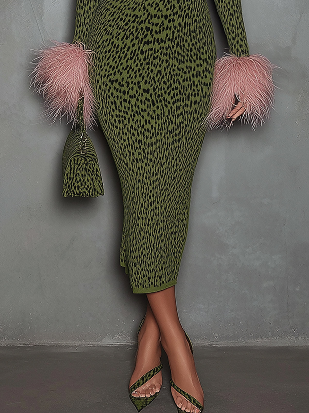 Olive Green Leopard Print Open Knit Bodycon Dress With Feather Cuffs