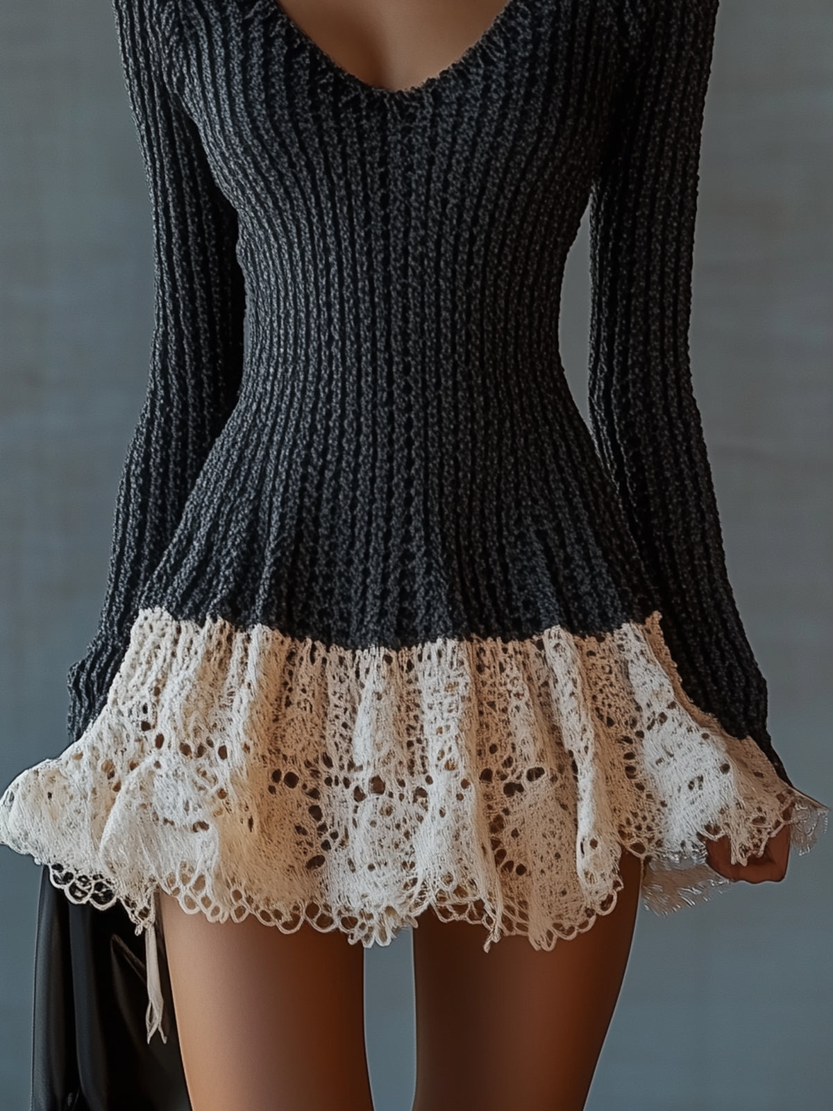 Black Chic Knit And Lace Contrast Dress