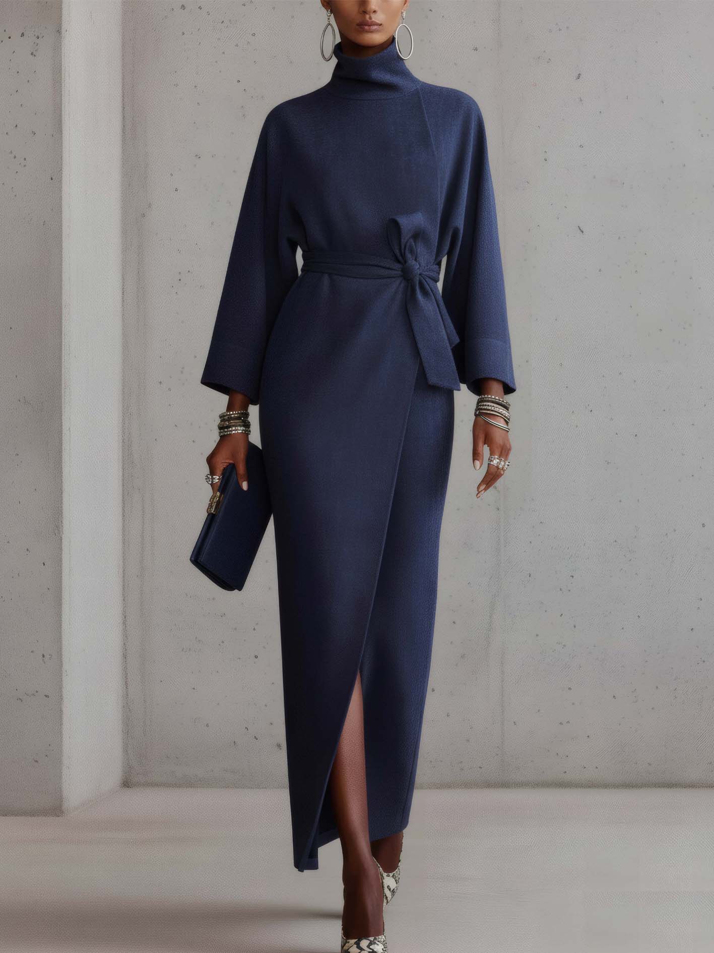 Dark Blue Faux Suede Turtleneck Maxi Dress With Belt