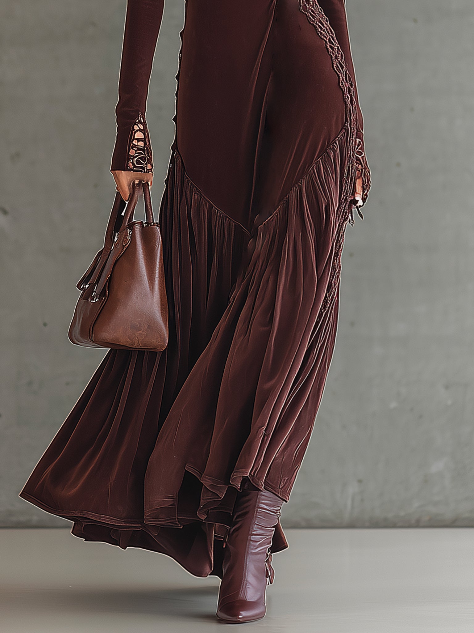 Burgundy Velvet Mesh Paneled Long Sleeve Maxi Dress