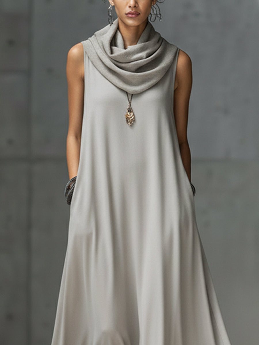 Gray Satin Soft Drape Collar Maxi Dress With Lace Trim