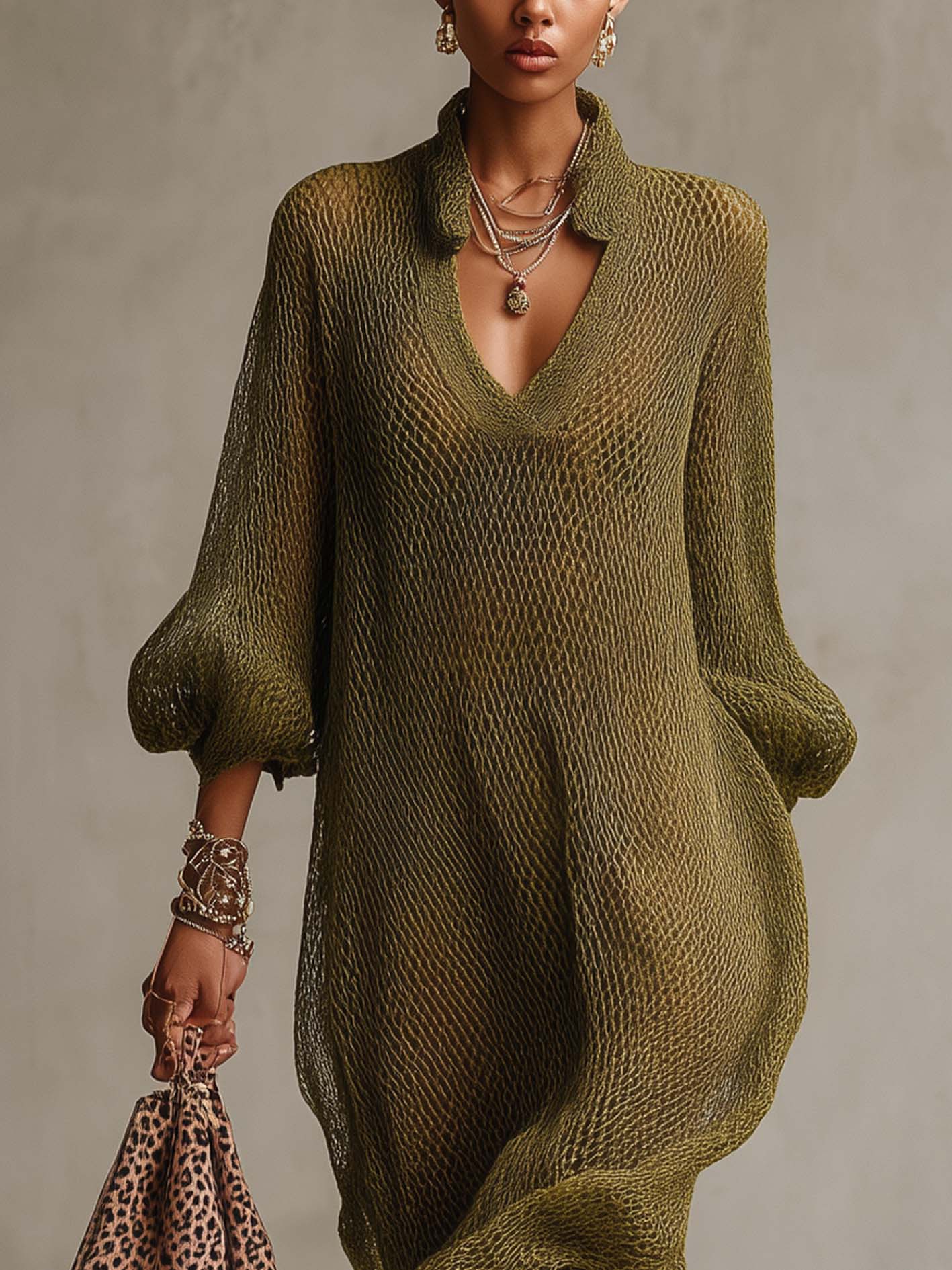 Olive Green Sheer Textured Knit Collared Midi Dress