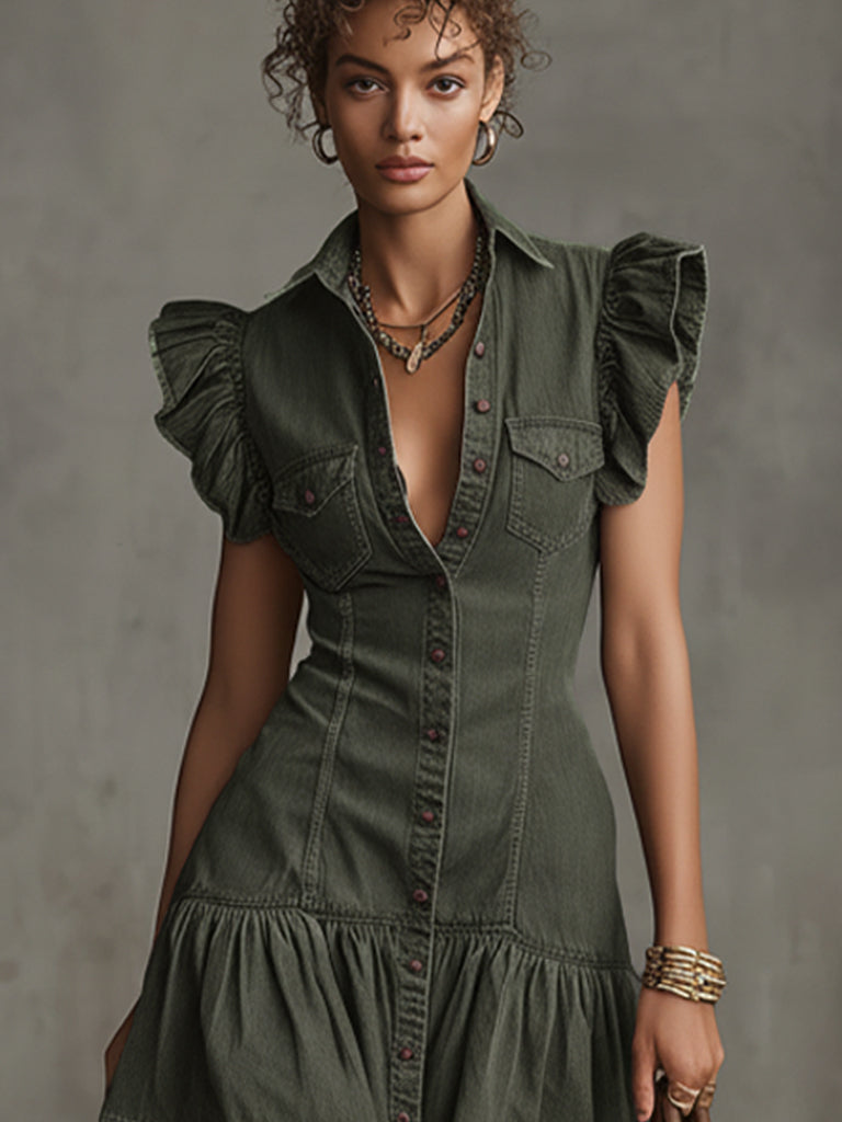 Vintage Washed Green Denim Sleeveless Mini Dress