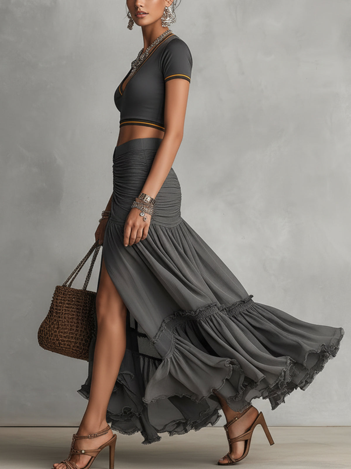 Gray T-shirt And Ruched High-Slit Layered Ruffle Maxi Skirt Set