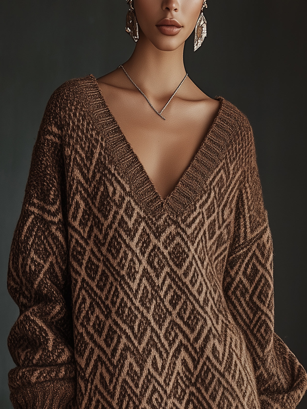 Brown Geometric Knit V-Neck Sweater Dress