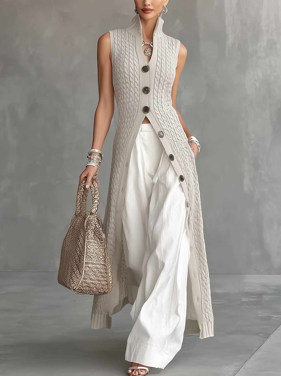 Gray Sleeveless Cable-Knit Maxi Cardigan With Button Front And High Collar