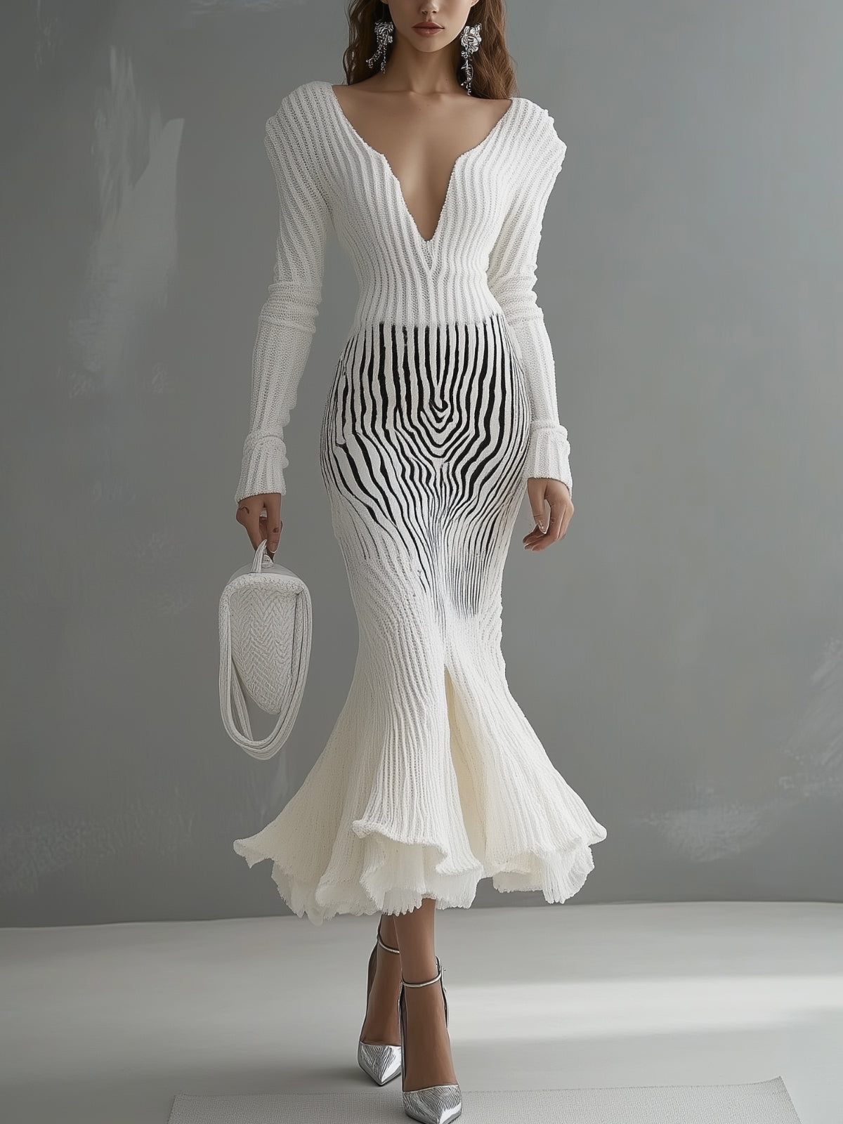 White Ribbed Knit Mermaid Dress With Zebra Effect And Deep V-Neck