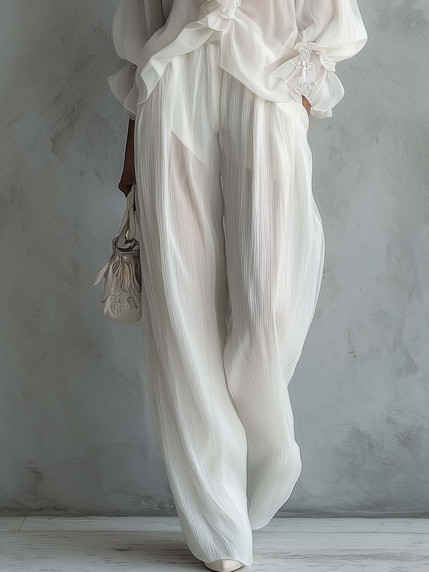 White Chiffon Embroidered Ruffle Blouse And Pleated Wide-Leg Pants Set