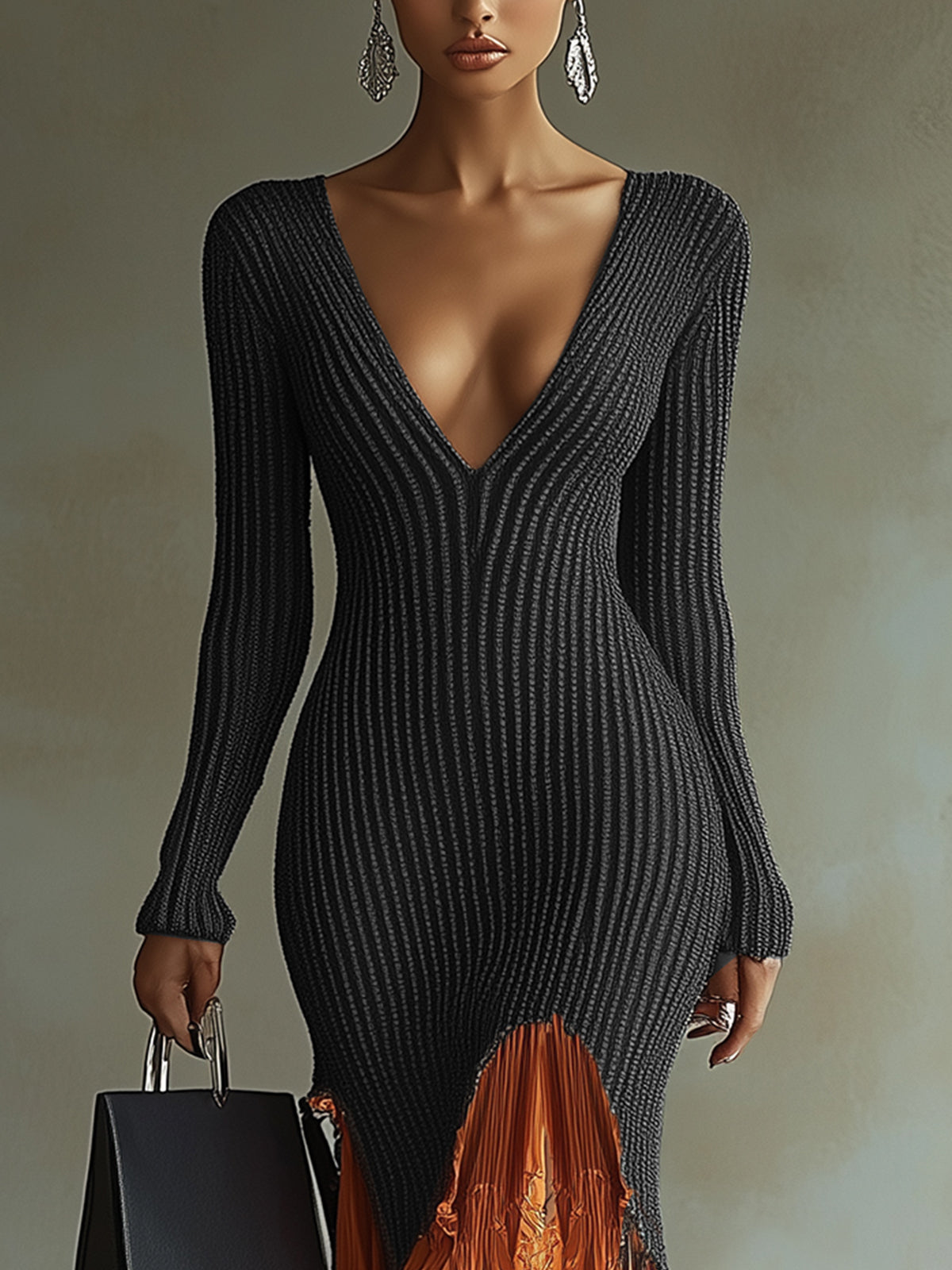 Black Ribbed Knit Midi Dress With Orange Ruffled Chiffon Hem