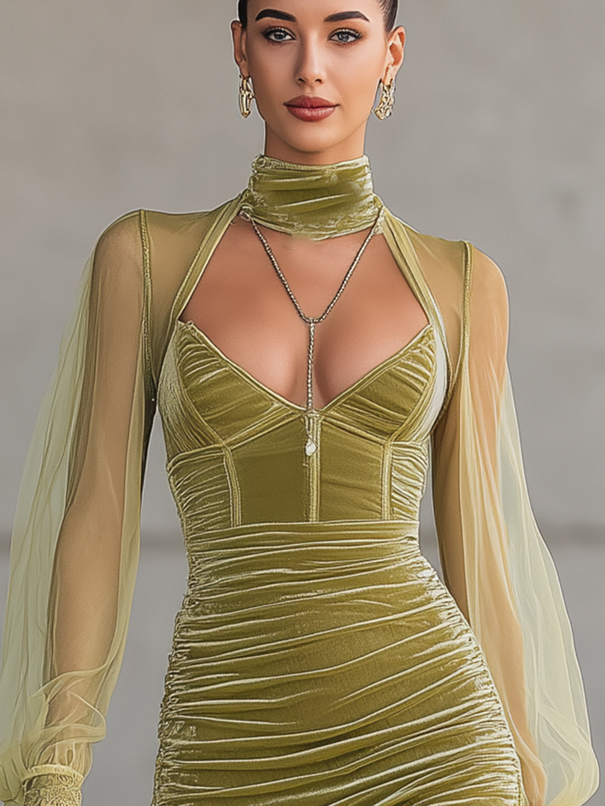 Olive Green Velvet Ruched Mini Dress With Sheer Sleeves And Lace Trim