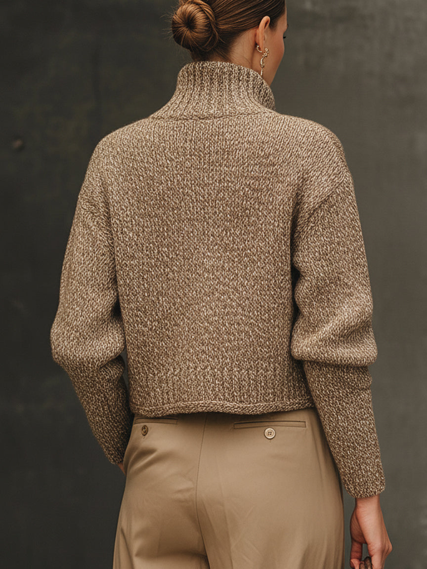 Taupe Marled Knit High Collar Buttoned Cardigan