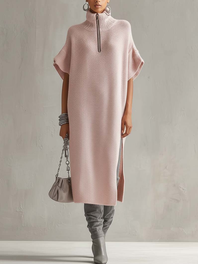Pink Turtleneck Zip Split Side Knit Midi Dress