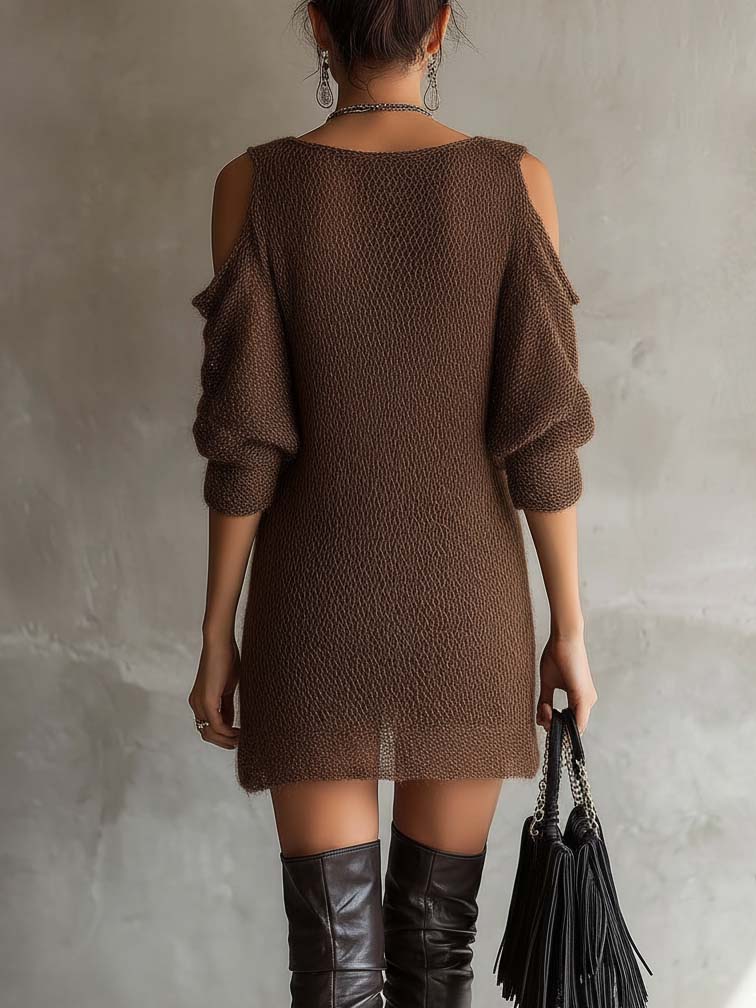 Brown Knit Cold Shoulder Lace Patchwork Mini Dress