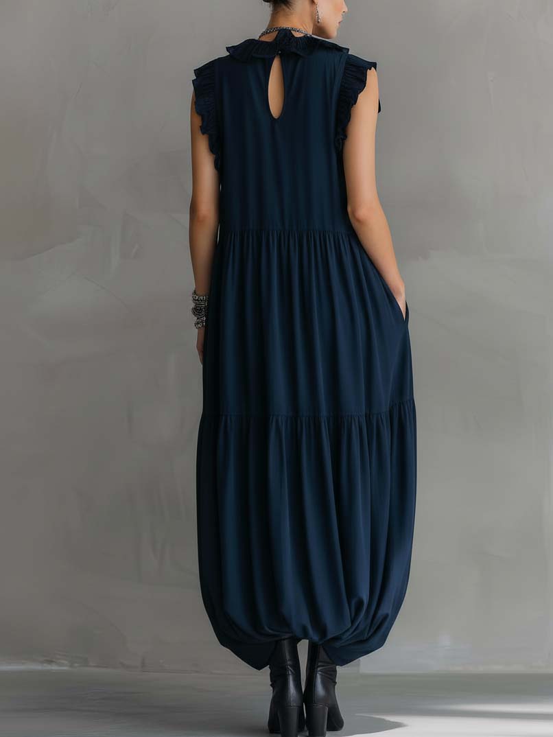 Navy Blue Cotton Linen Sleeveless Maxi Dress With Ruffled Chiffon Collar