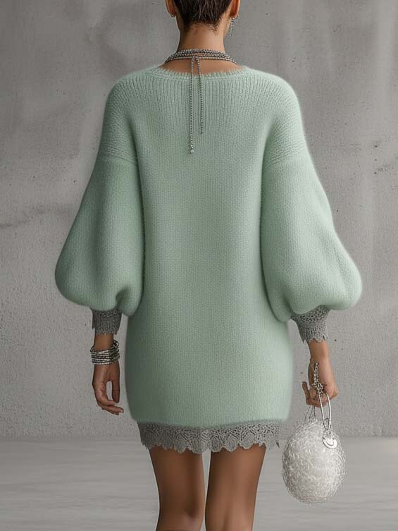 Mint Green Mohair Knit Mini Dress With Lace Trim