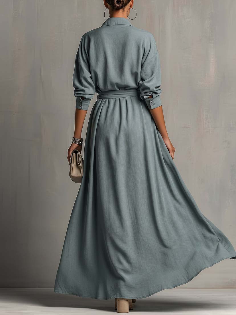 Blue Gray Cotton Linen Maxi Shirt Dress With Belt
