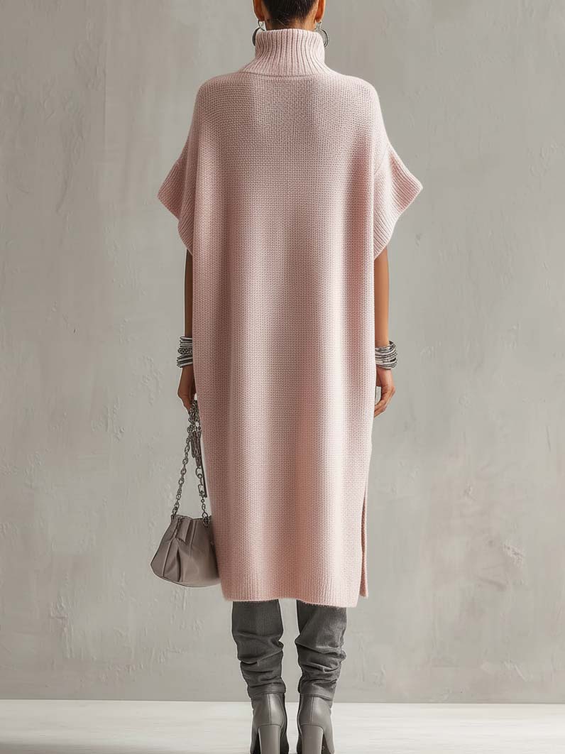 Pink Turtleneck Zip Split Side Knit Midi Dress