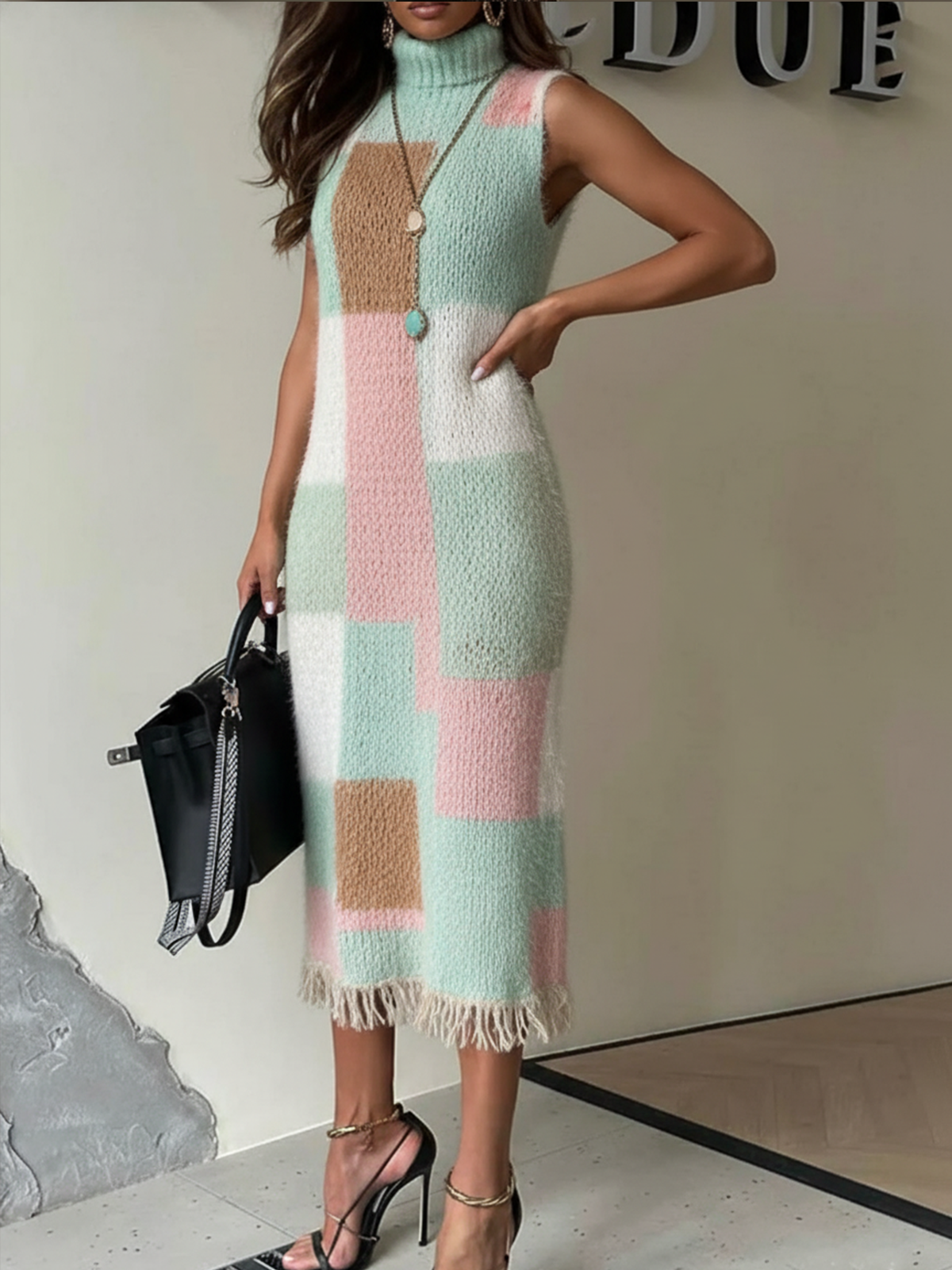 Pastel Patchwork Mohair Sleeveless Turtleneck Maxi Dress