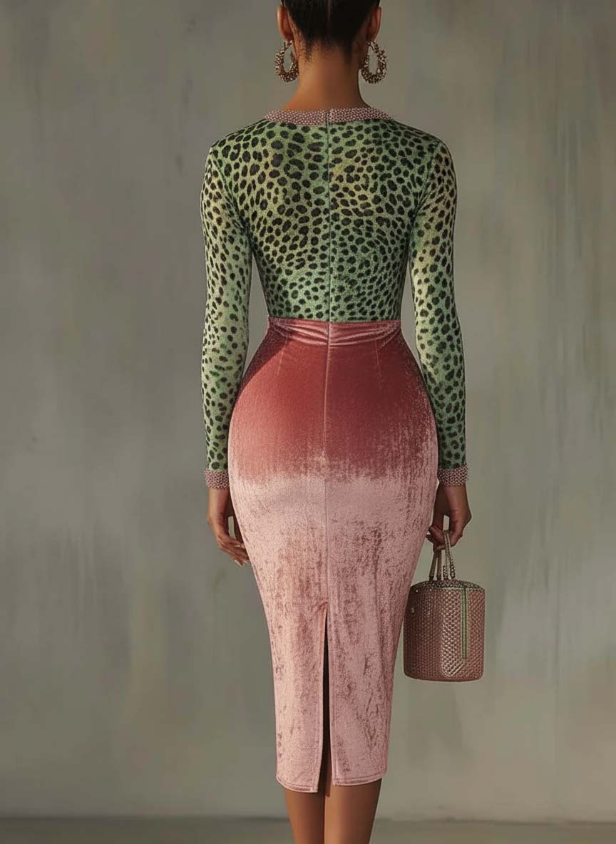 Pink Velvet Bodycon Dress With Patchwork Webbing And Leopard Print