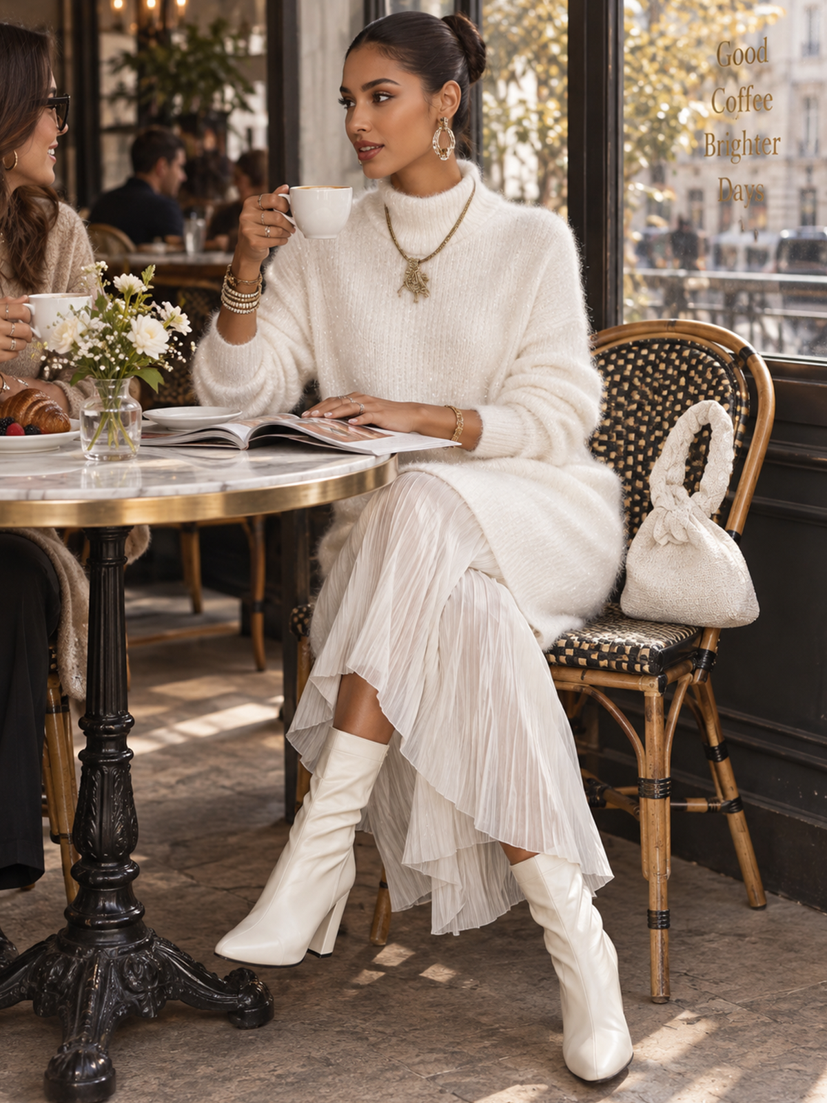 White Shimmer Fuzzy Knit Sweater Dress With Pleated Chiffon Patchwork Hem