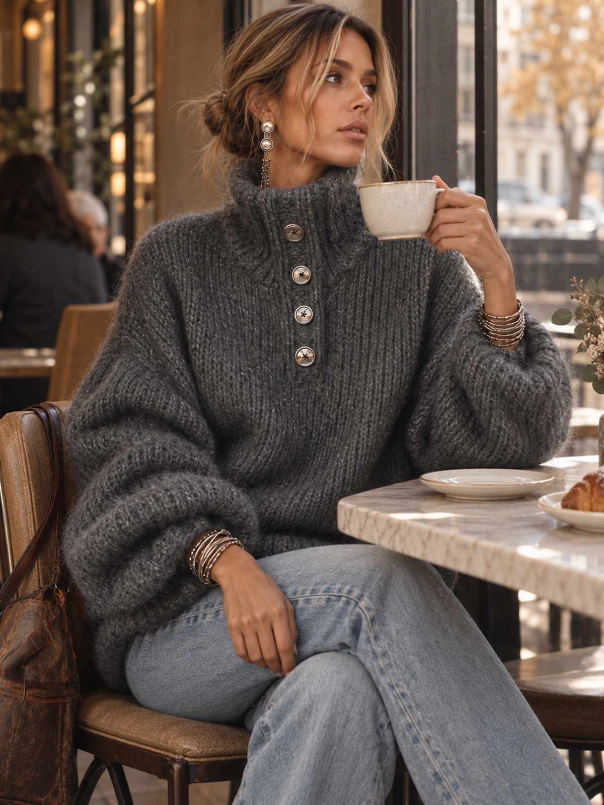 Charcoal Gray Metallic Thread Button Detail Oversized Sweater