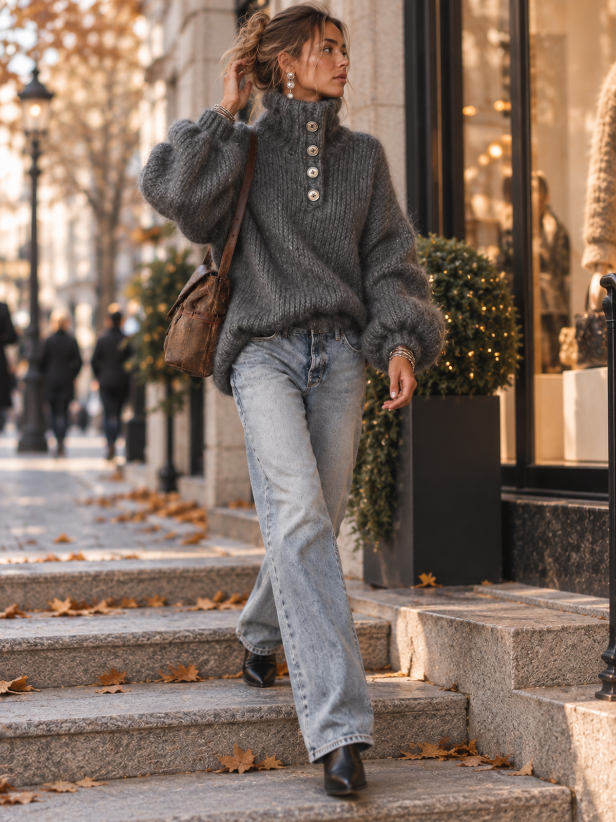 Charcoal Gray Metallic Thread Button Detail Oversized Sweater
