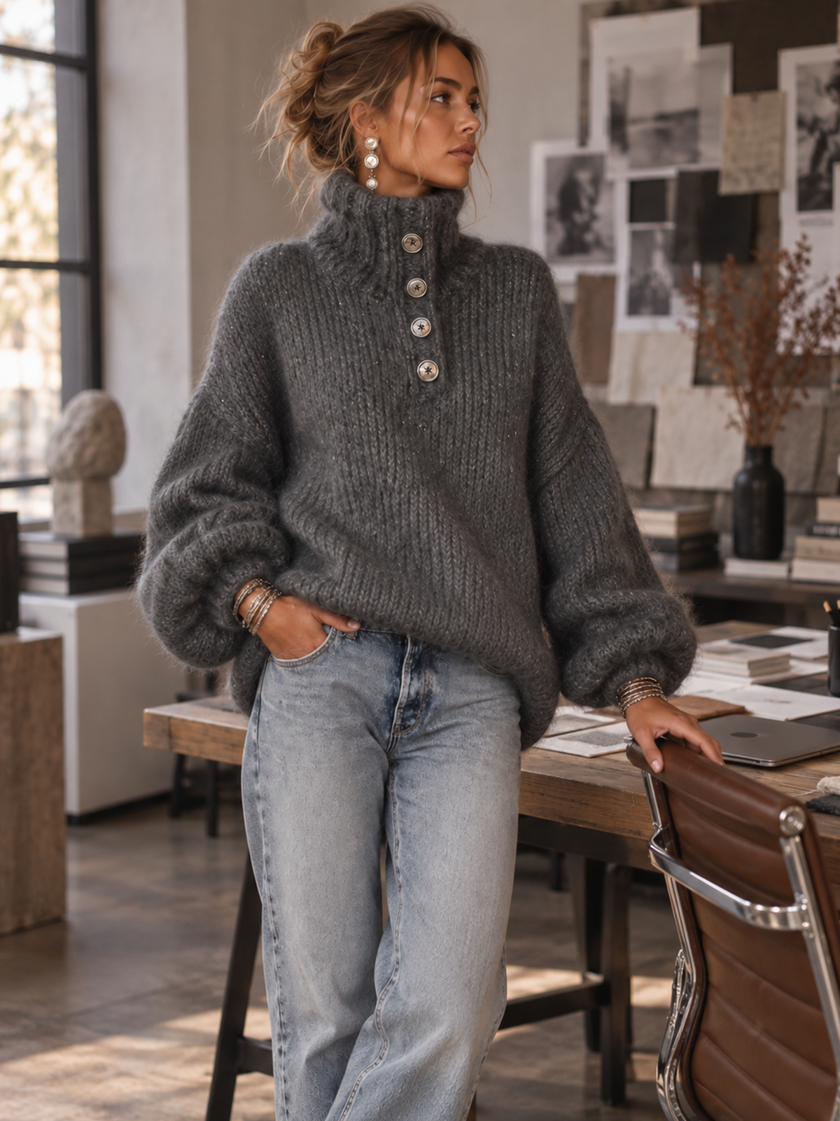 Charcoal Gray Metallic Thread Button Detail Oversized Sweater