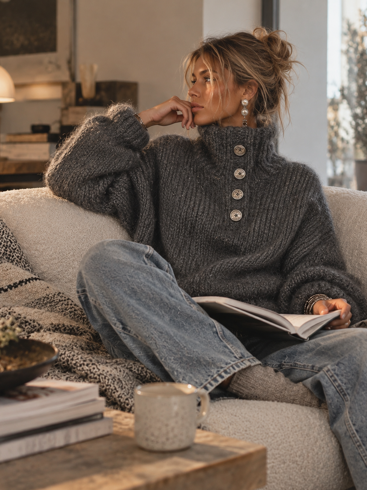 Charcoal Gray Metallic Thread Button Detail Oversized Sweater