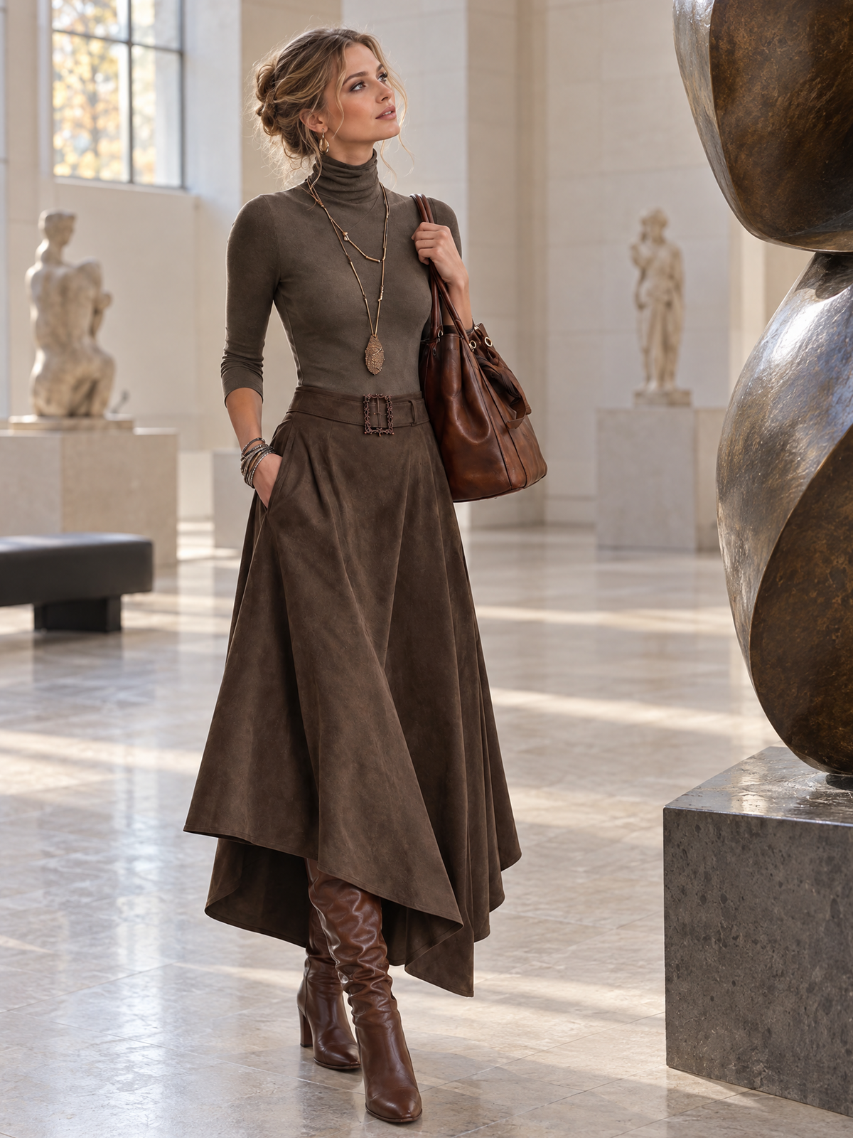 Taupe Stretch Turtleneck Top And Asymmetrical Suede Skirt Set