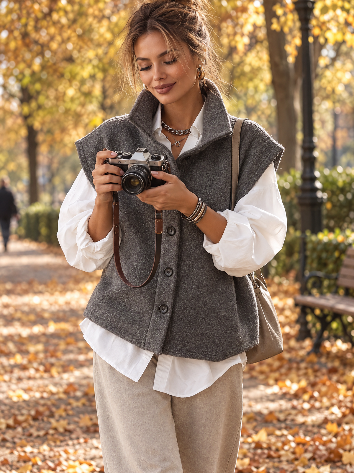 Dark Grey Stand Collar Vest And White Drop Shoulder Shirt Two Piece Set