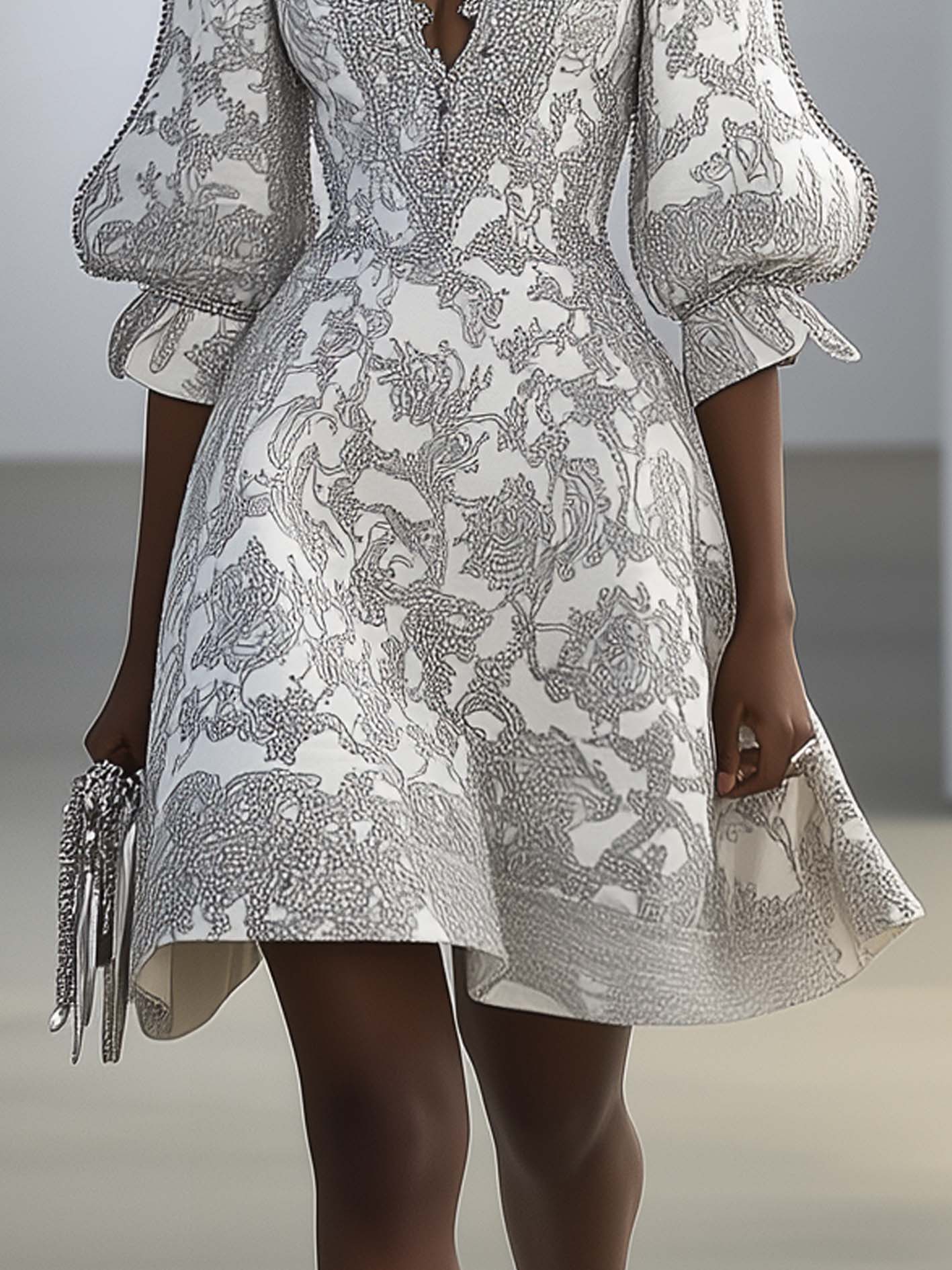 White Mini Dress With Gray Baroque Pattern Print