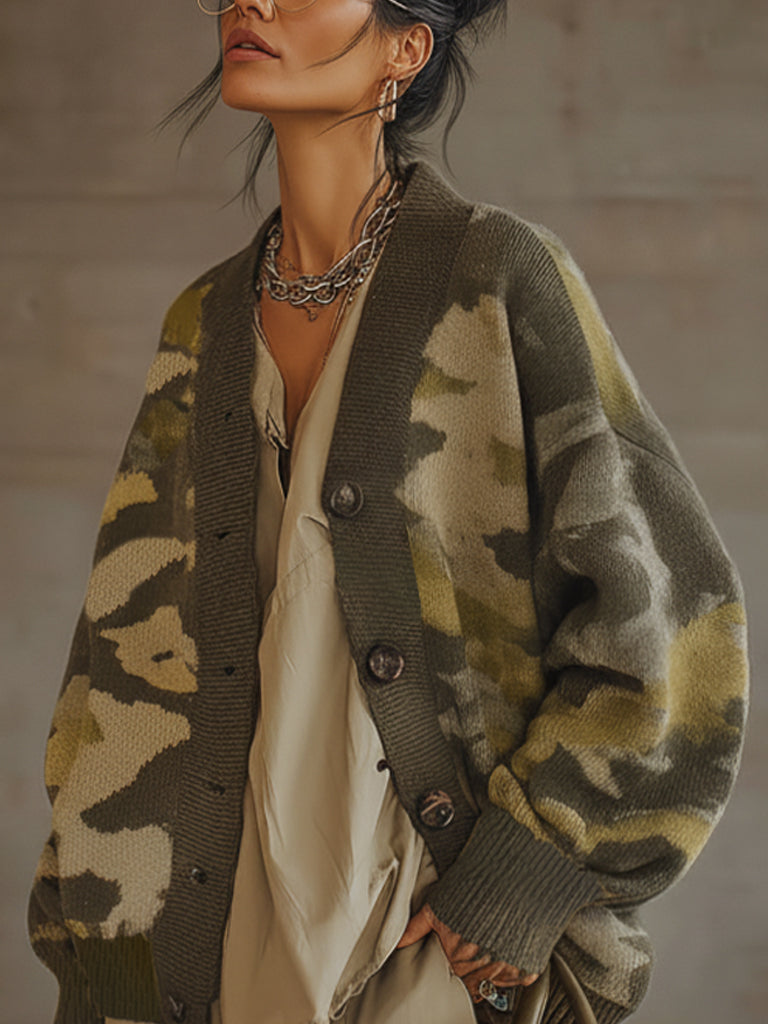 Olive Green Oversized Camouflage Knit Button Down Cardigan