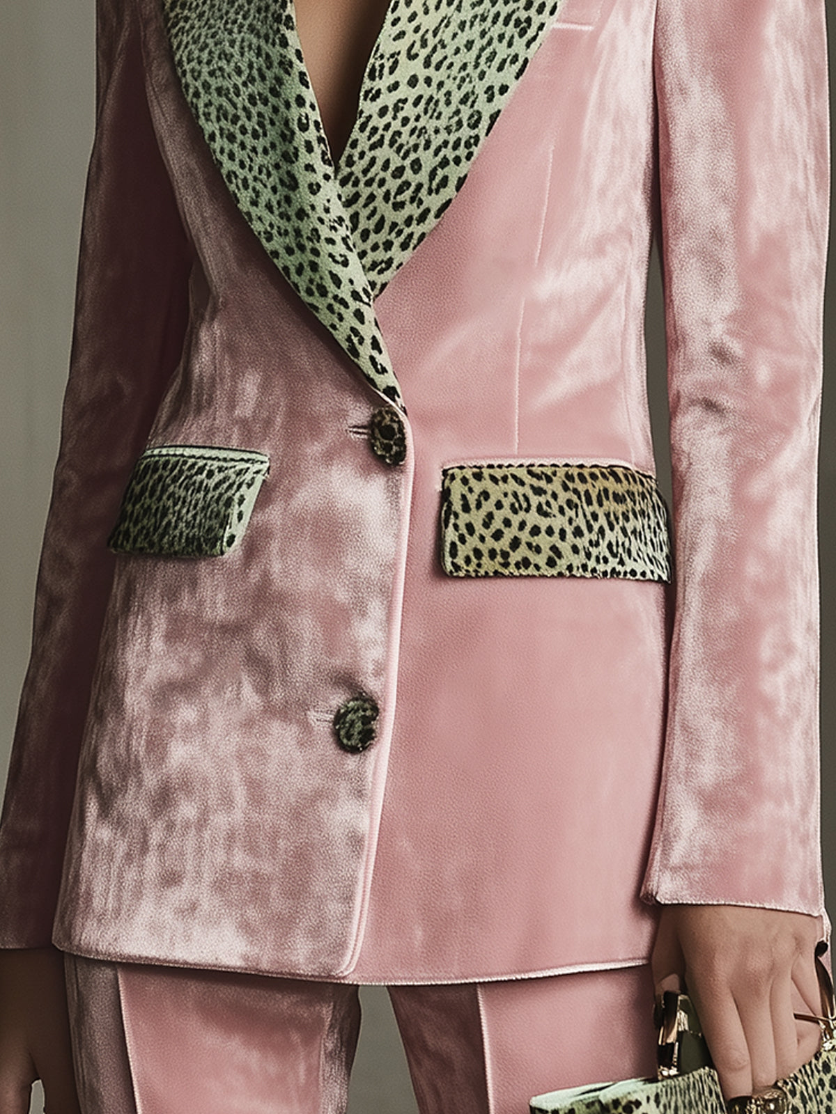 Pink Velvet Blazer With Leopard Print Lapels